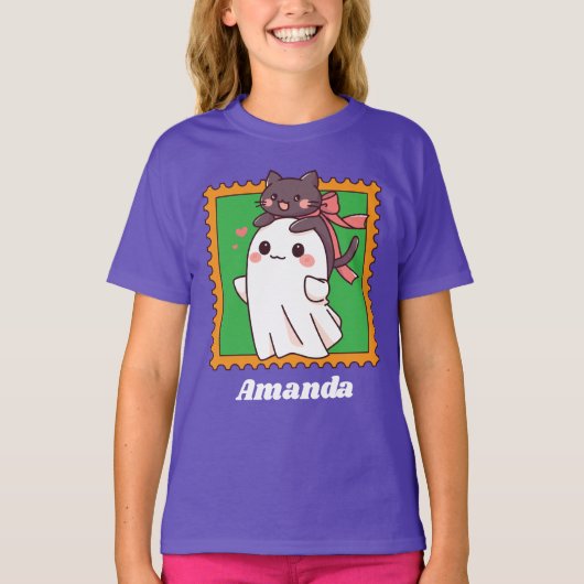 Halloween Ghost Cute Black Cat in Bow Custom Kids T-shirt (Voorkant)