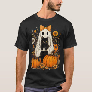 Halloween Ghost Holding Black Cat Groovy Bloemen T-shirt