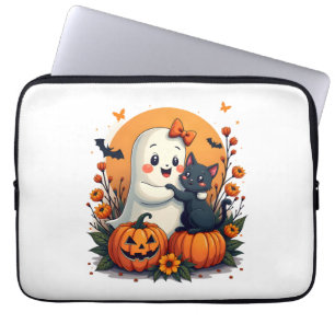 Halloween Ghost Holding Black Cat Groovy F Laptop Sleeve