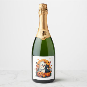  Halloween Ghost Holding Black Cat Groovy F Sparkling Wijnetiket