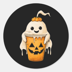 Halloween Ghost Iced Koffie met Pumpkin Fun Spook Ronde Sticker