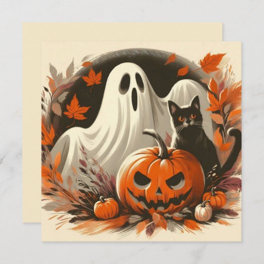 Halloween Ghost, Jack-'o-lantaarn en Black Cat Kaart (Voorkant / Achterkant)