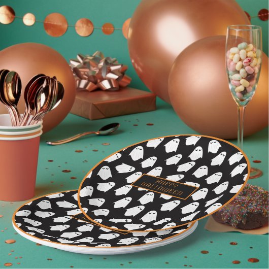 Halloween Ghost Monogram Spooky Black White Fun Papieren Bordje (Multi)