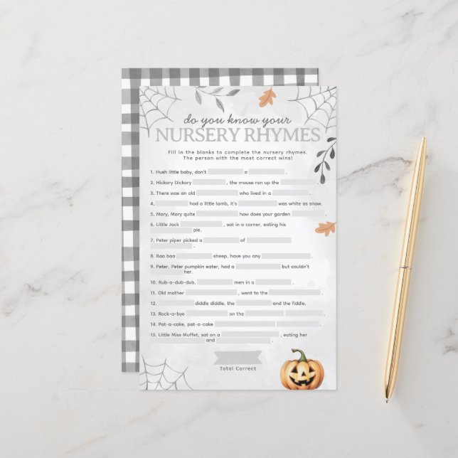 Halloween Ghost Nursery Rhyme Baby shower Game (Voorkant / Achterkant in situ)