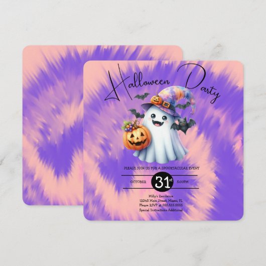 Halloween Ghost Party Tie Dye Hand getrokken Kaart (Voorkant / Achterkant)