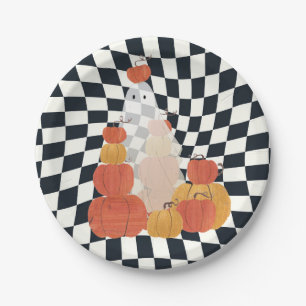 Halloween Ghost Pumpkin Checkered Papieren Bordje