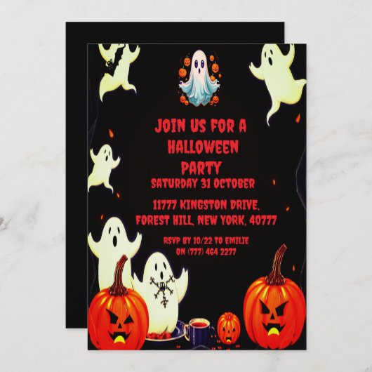 Halloween Ghost Pumpkin Party Uitnodiging (Voorkant / Achterkant)