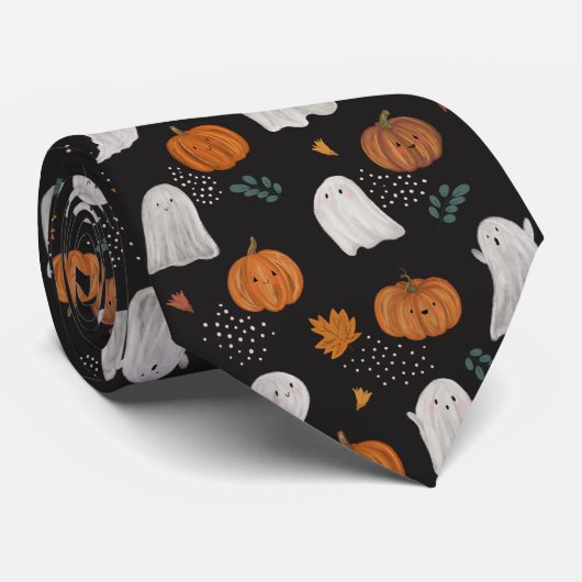 Halloween Ghost & Pumpkin – Spooky Fun Necktie Stropdas (Opgerold)
