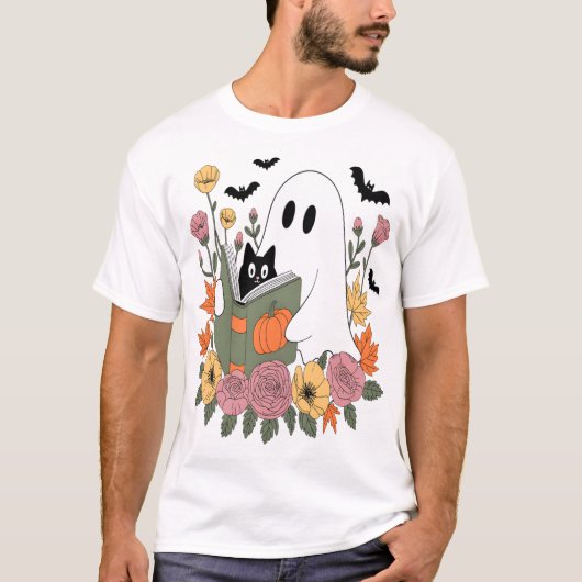 Halloween Ghost Reading Book Cat T-shirt (Voorkant)