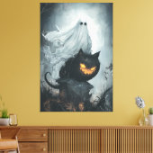 Halloween Ghost Rijden op een zwarte kat Canvas Afdruk (Insitu (Woonkamer))