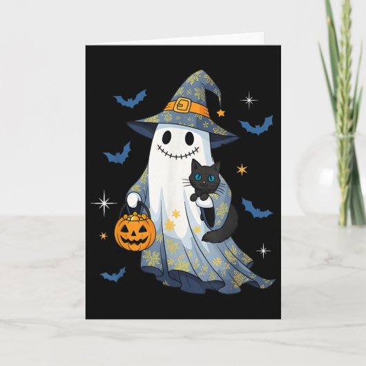 Halloween Ghost Witch Holding Black Cat Funny Hall Kaart (Voorkant)