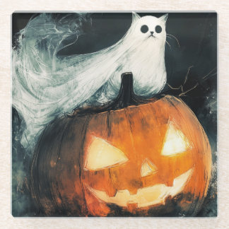 Halloween GhostCat en Jack op Lantern Glazen Onderzetter