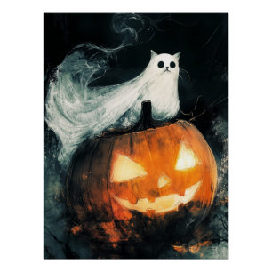 Halloween GhostCat en Jack op Lantern Perfect Poster