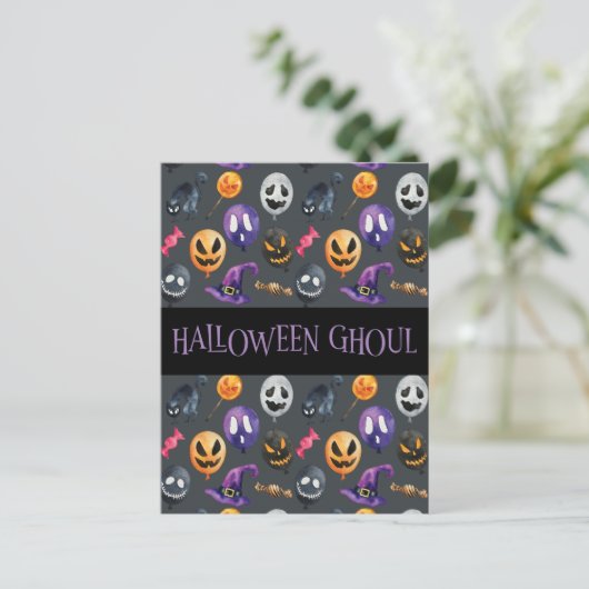 "Halloween Ghoul" Gray Halloween Pattern Briefkaart (Staand voorkant)