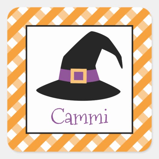 Halloween Gingham Witch Pet Gepersonaliseerde Stic Vierkante Sticker (Voorkant)