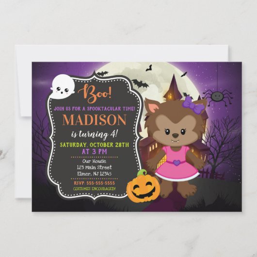 Halloween Girl Werewolf Invitation d'anniversaire (Devant)