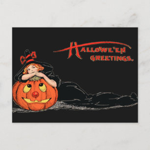  Halloween Girl Witch en Pumpkin Briefkaart