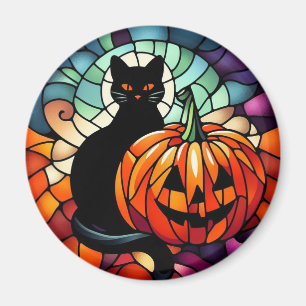 Halloween Glas in lood zwarte kat pompoen Magneet