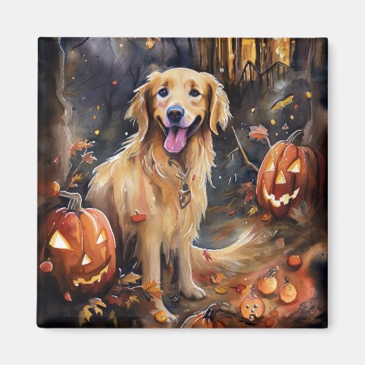Halloween Golden Retriever met pompoenen eng Magneet (Voorkant)