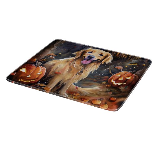 Halloween Golden Retriever met pompoenen eng Snijplank (Hoek)