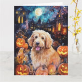 Halloween Goldendoodle met pompoenen eng Kaart (Gele Bloem)