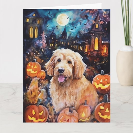 Halloween Goldendoodle met pompoenen eng Kaart (Voorkant)