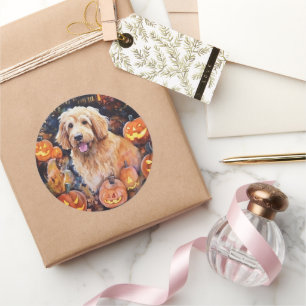Halloween Goldendoodle met pompoenen eng Ronde Sticker