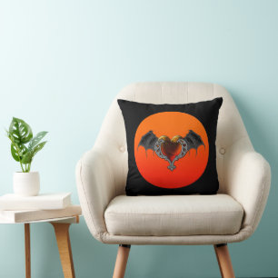 Halloween Goth Orange Heart & Bat Wings Coussin
