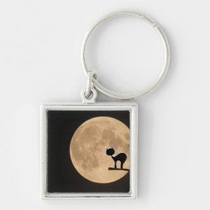 Halloween gothic black cat met volle maan sleutelhanger