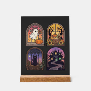 Halloween Gothique Fenêtre Fantôme Citrouille Chat