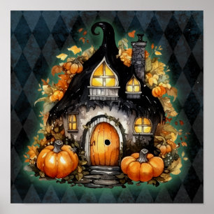 Halloween Gotische Herfst Fairy Cottage Blue Argyl Poster