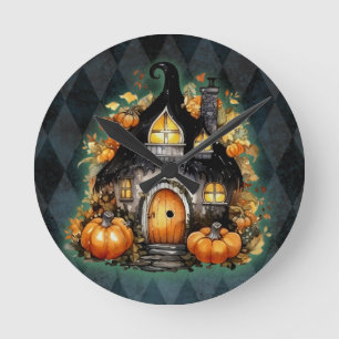 Halloween Gotische Herfst Fairy Cottage Blue Argyl Ronde Klok
