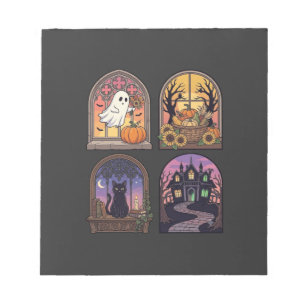 Halloween gotische raam spook pompoen zwarte kat H Notitieblok