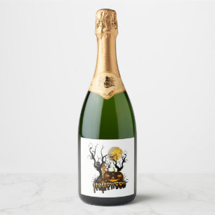 Halloween grappige pompoen met uil sparkling wijnetiket