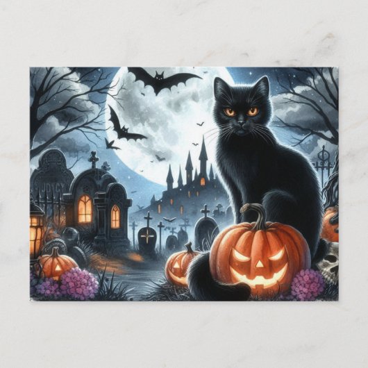Halloween Graveyard met Black Cat Briefkaart (Voorkant)