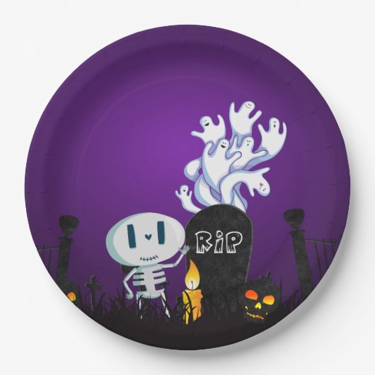 Halloween Graveyard Spooky Cute Skeleton & Ghosts Papieren Bordje (Voorkant)