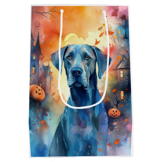 Halloween Great Dane met pompoenen eng Medium Cadeauzakje (Achterkant)