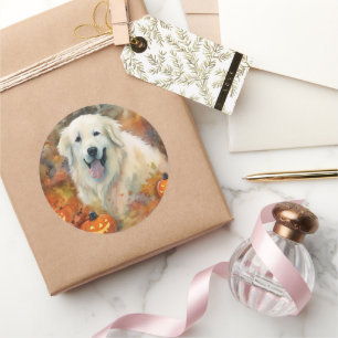Halloween Great Pyrenees Met Pompoenen Eng Ronde Sticker