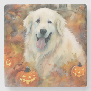 Halloween Great Pyrenees Met Pompoenen Eng Stenen Onderzetter