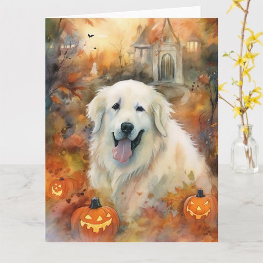 Halloween Great Pyrenees Met Pompoenen Griezelen Kaart (Gele Bloem)