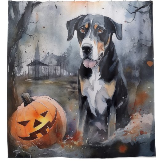 Halloween Greater Swiss with Pumpkins Scary Douchegordijn (Voorkant)