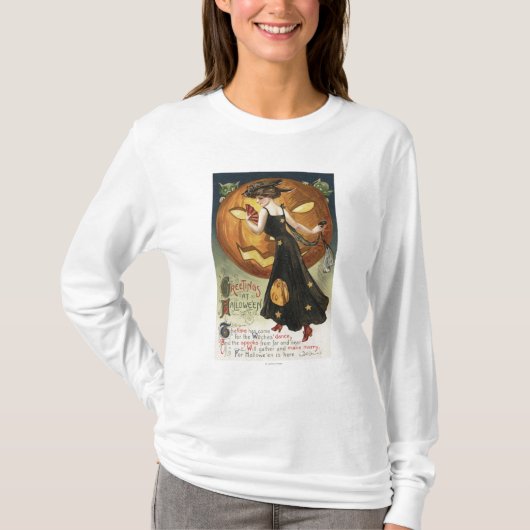 Halloween Greeting, Witch Dansand Pumpkin T-shirt (Voorkant)