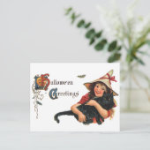 Halloween Greetings, Child Witch met Kat Briefkaart (Staand voorkant)