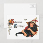 Halloween Greetings, Child Witch met Kat Briefkaart (Voorkant / Achterkant)