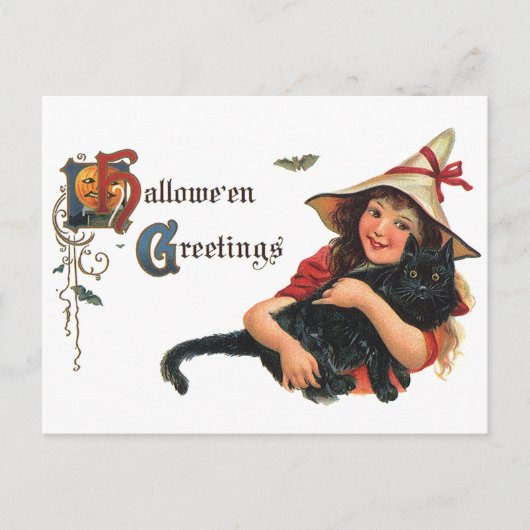 Halloween Greetings, Child Witch met Kat Briefkaart (Voorkant)