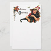  Halloween Greetings, Child Witch met Kat Briefpapier (Voorkant / Achterkant)