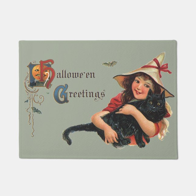  Halloween Greetings, Child Witch met Kat Deurmat (Voorkant)