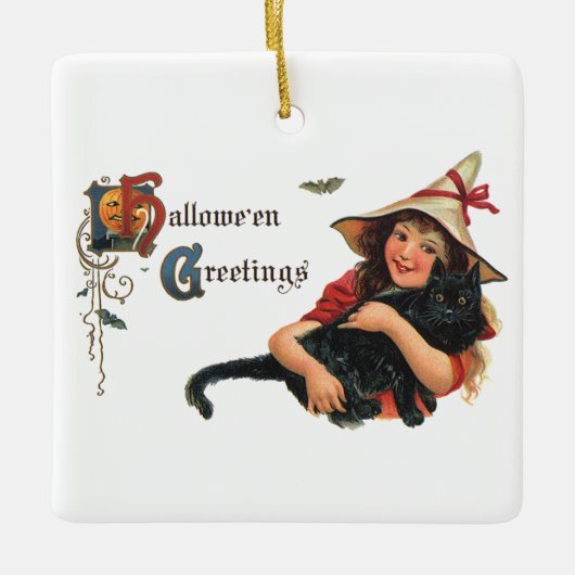 Halloween Greetings, Child Witch met Kat Keramisch Ornament (Voorkant)