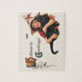  Halloween Greetings, Child Witch met Kat Legpuzzel (Verticaal)