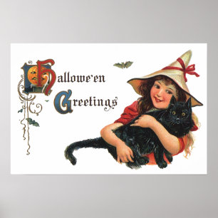 Halloween Greetings, Child Witch met Kat Poster
